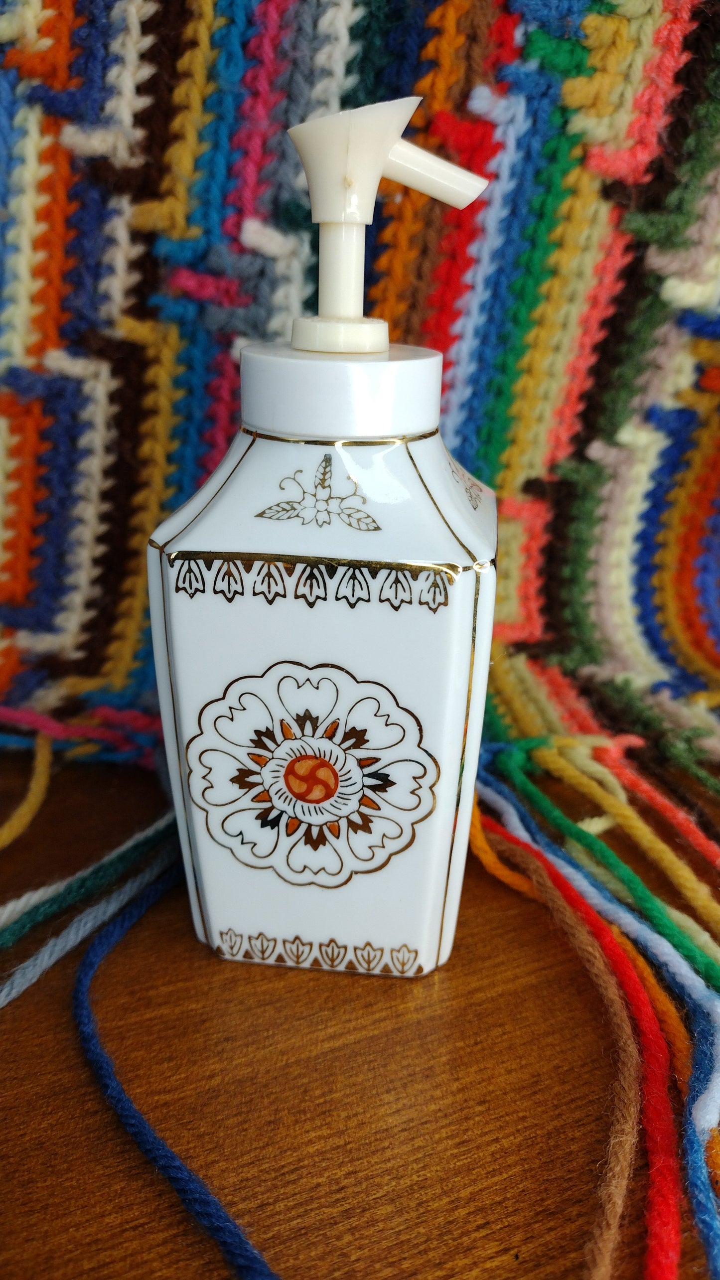 Vintage I.W. Rice Hand Painted Ceramic Pump Bottle Floral Gold Trim 6"