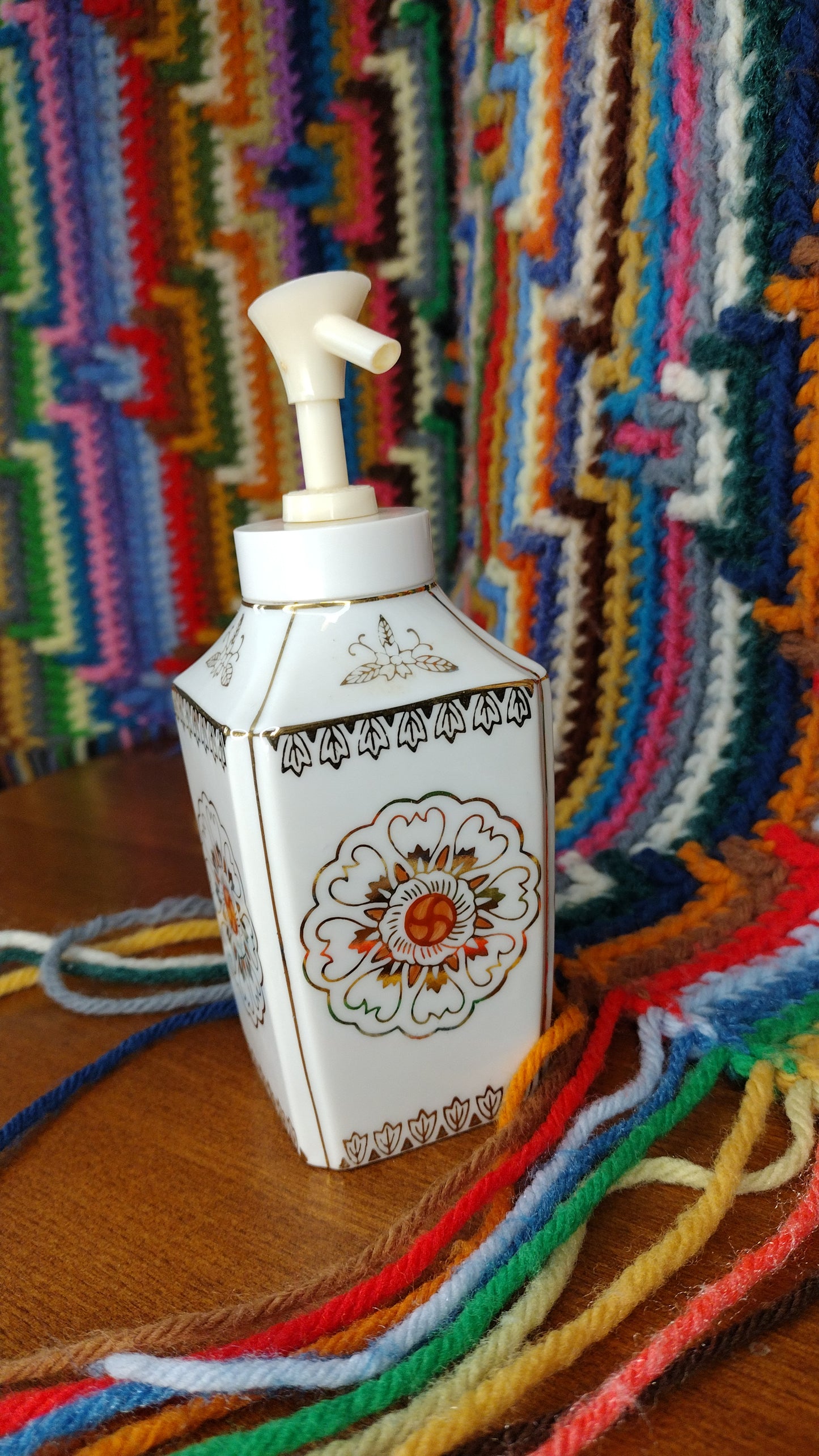 Vintage I.W. Rice Hand Painted Ceramic Pump Bottle Floral Gold Trim 6"